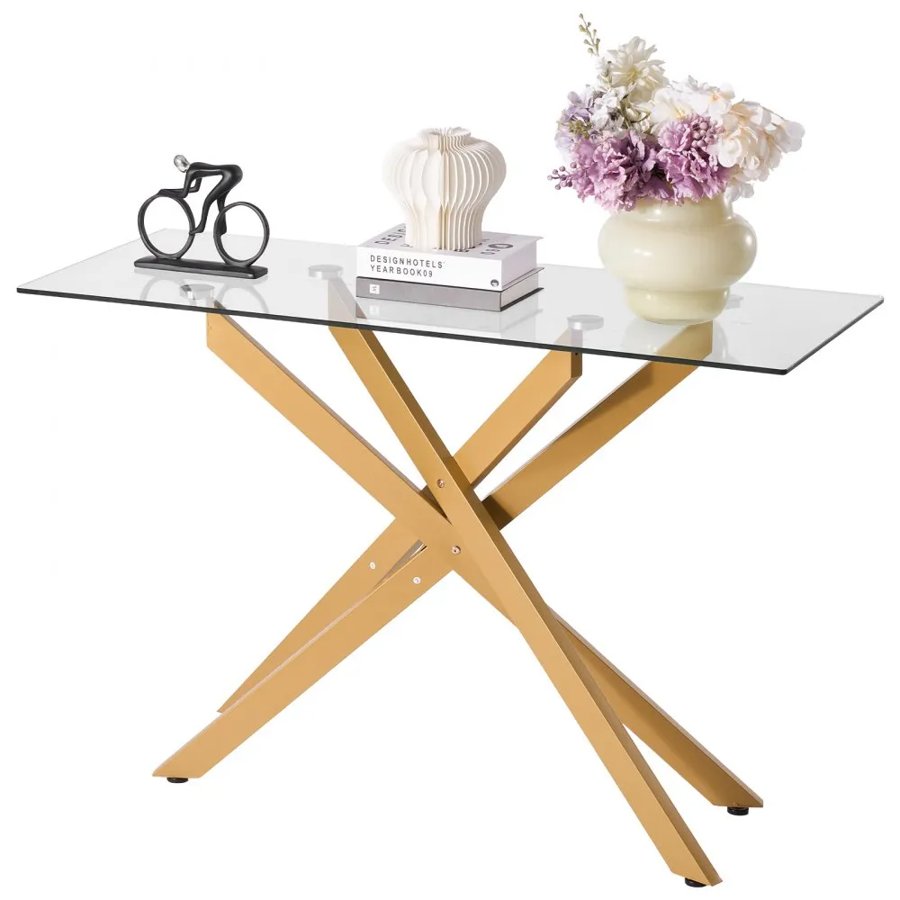VEVOR Glass Coffee Table, Modern Rectangle Sofa Side Table with Tempered Glass Top & Iron Cross-Legs, Golden Geometric Consloe Desk with Adjustable Anti-slip Foot Pads for Living Room, Entryway, Foyer