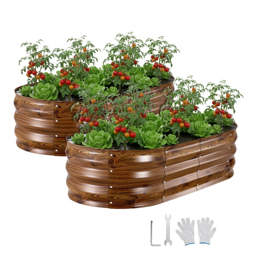 VEVOR 2 Pack Galvanized Raised Garden Beds, 1200 x 600 x 300 mm, Oval Metal Planter Boxes Kit Outdoor, Bottomless Garden Box with Gloves, Alu-Zinc, for Planting Flowers Vegetables, Deep Wood Grain