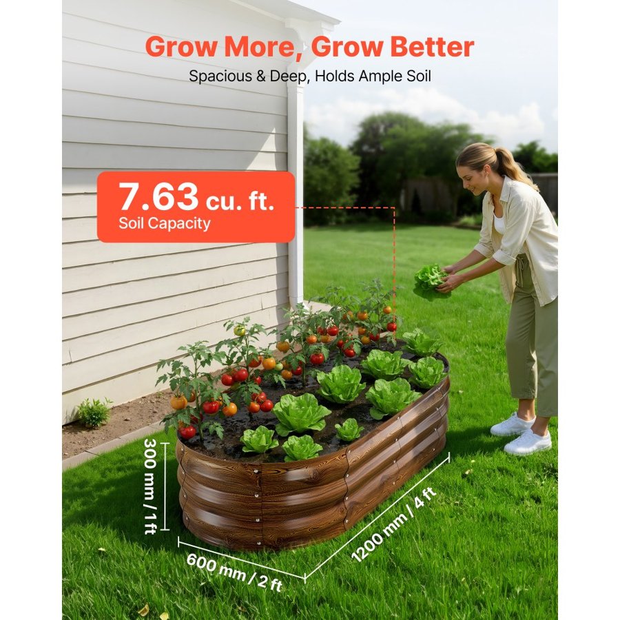 VEVOR 2 Pack Galvanized Raised Garden Beds, 1200 x 600 x 300 mm, Oval Metal Planter Boxes Kit Outdoor, Bottomless Garden Box with Gloves, Alu-Zinc, for Planting Flowers Vegetables, Deep Wood Grain