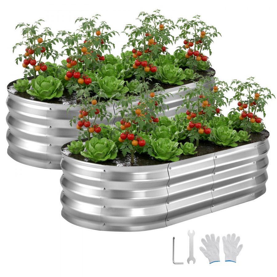 VEVOR 2 Pack Galvanized Raised Garden Beds, 1200 x 600 x 300 mm, Oval Metal Planter Boxes Kit Outdoor, Bottomless Elevated Garden Box with Gloves, Alu-Zinc, for Planting Flowers Vegetables, Silver