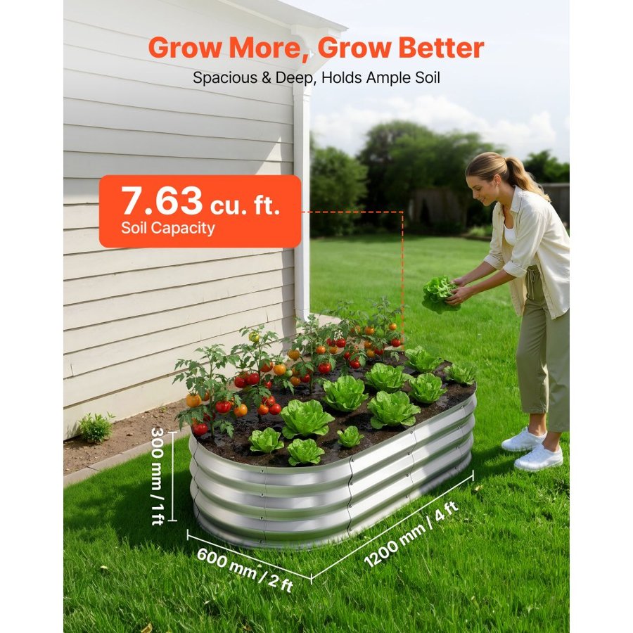 VEVOR 2 Pack Galvanized Raised Garden Beds, 1200 x 600 x 300 mm, Oval Metal Planter Boxes Kit Outdoor, Bottomless Elevated Garden Box with Gloves, Alu-Zinc, for Planting Flowers Vegetables, Silver