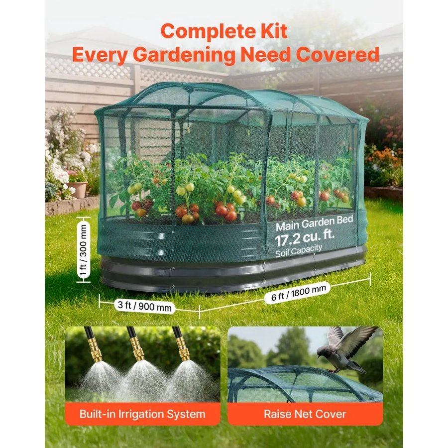 VEVOR Galvanized Raised Garden Bed, 1800 x 900 x 300 mm, with Self Watering System and Mesh Cover, Oval Metal Planter Box Outdoor, Rustproof Alu-Zinc, for Planting Flowers Fruits Vegetables, Dark Gray
