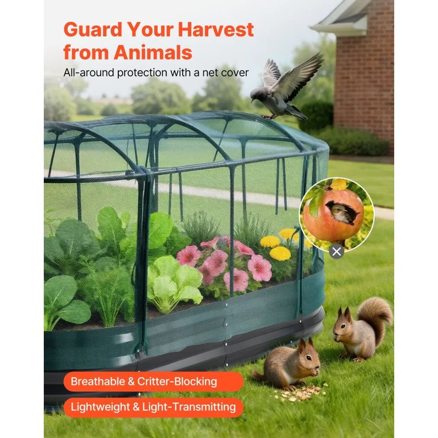 VEVOR Galvanized Raised Garden Bed, 1800 x 900 x 300 mm, with Self Watering System and Mesh Cover, Oval Metal Planter Box Outdoor, Rustproof Alu-Zinc, for Planting Flowers Fruits Vegetables, Dark Gray