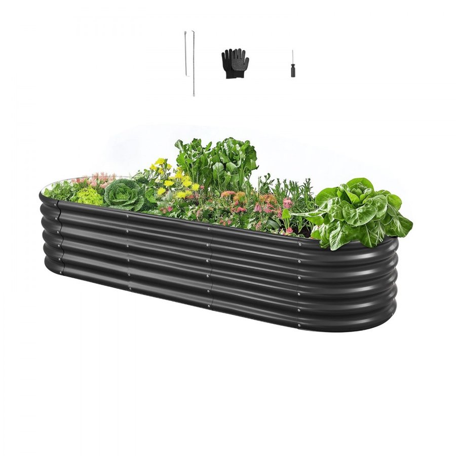 VEVOR Metal Raised Garden Bed, 2.0 x 0.6 x 0.4 m Oval Outdoor Galvalume Planter Garden Box, Open Bottom Design, Large Planter Raised Bed for Growing Vegetables, Flowers, Succulents, Dark Gray