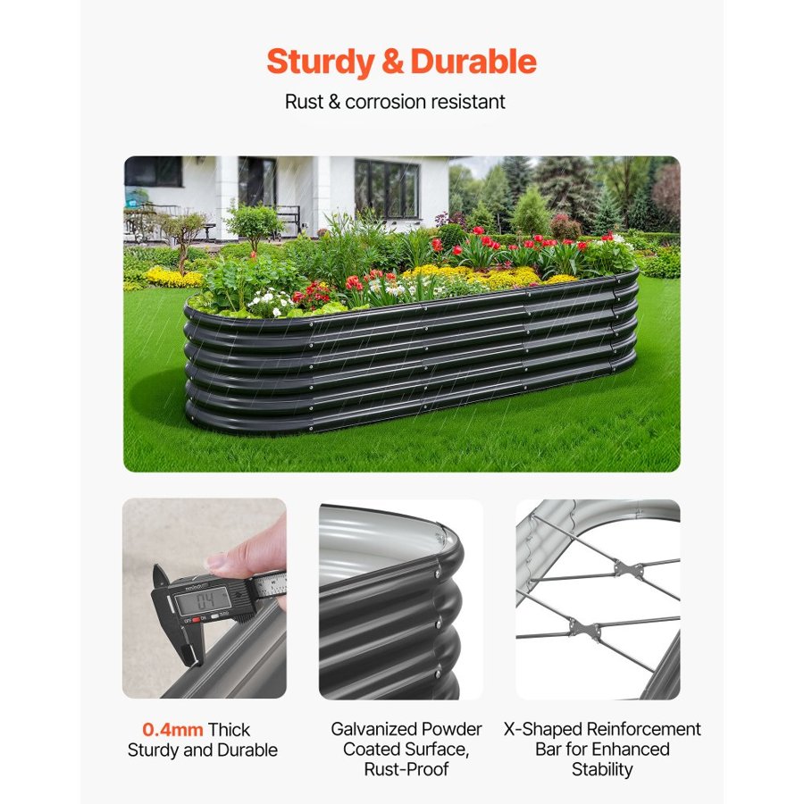 VEVOR Metal Raised Garden Bed, 2.0 x 0.6 x 0.4 m Oval Outdoor Galvalume Planter Garden Box, Open Bottom Design, Large Planter Raised Bed for Growing Vegetables, Flowers, Succulents, Dark Gray