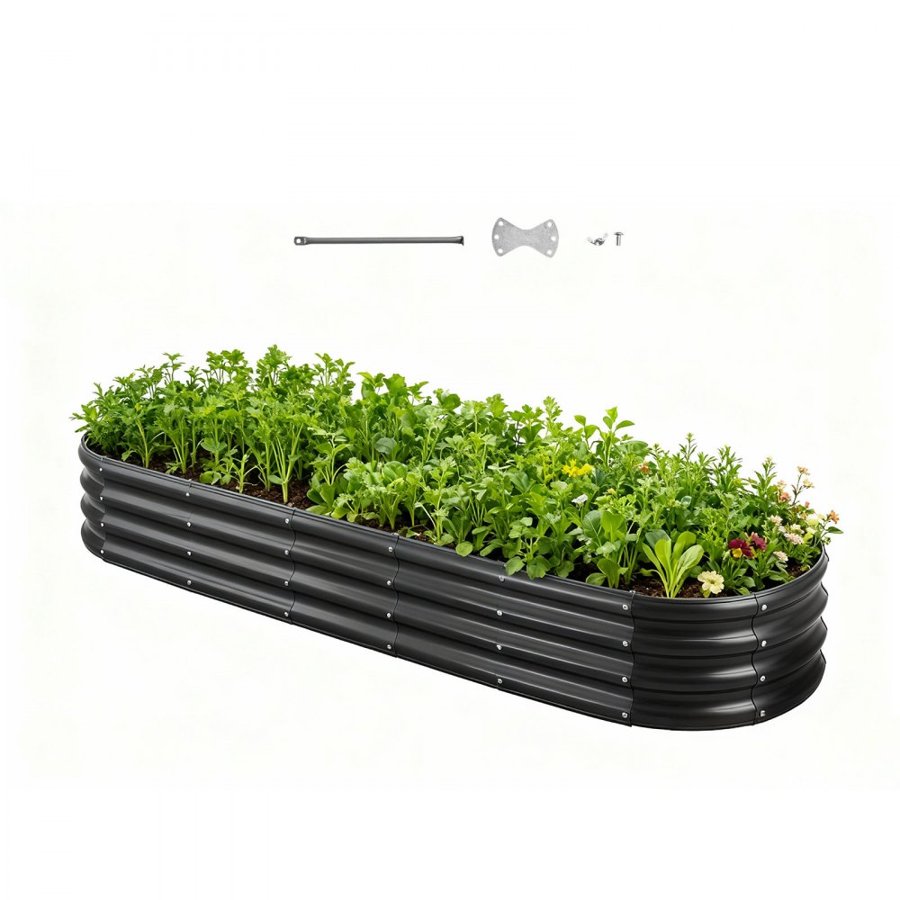 VEVOR Metal Raised Garden Bed, 2.4 x 0.6 x 0.3 m Oval Outdoor Galvanized Planter Garden Box, Open Bottom Design, Large Planter Raised Bed for Growing Vegetables, Flowers, Herbs, Succulents, Dark Gray