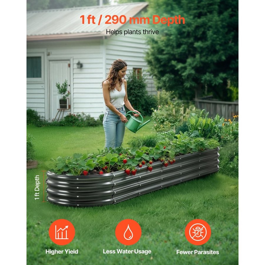 VEVOR Metal Raised Garden Bed, 2.4 x 0.6 x 0.3 m Oval Outdoor Galvanized Planter Garden Box, Open Bottom Design, Large Planter Raised Bed for Growing Vegetables, Flowers, Herbs, Succulents, Dark Gray
