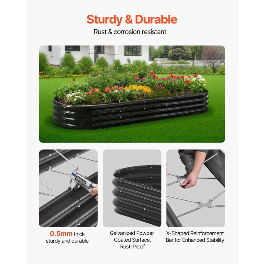 VEVOR Metal Raised Garden Bed, 2.4 x 0.6 x 0.3 m Oval Outdoor Galvanized Planter Garden Box, Open Bottom Design, Large Planter Raised Bed for Growing Vegetables, Flowers, Herbs, Succulents, Dark Gray
