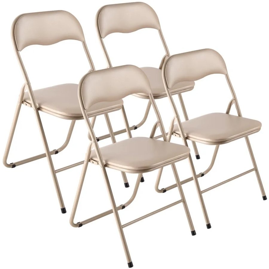VEVOR 4 Pack Folding Chairs, Foldable Leather Chairs with Heavy Duty Metal Frame & Padded Cushion, Portable Folding Card Table Chairs, Stackable Seats for Home, Yard, Garden, Parties, Events, Khaki