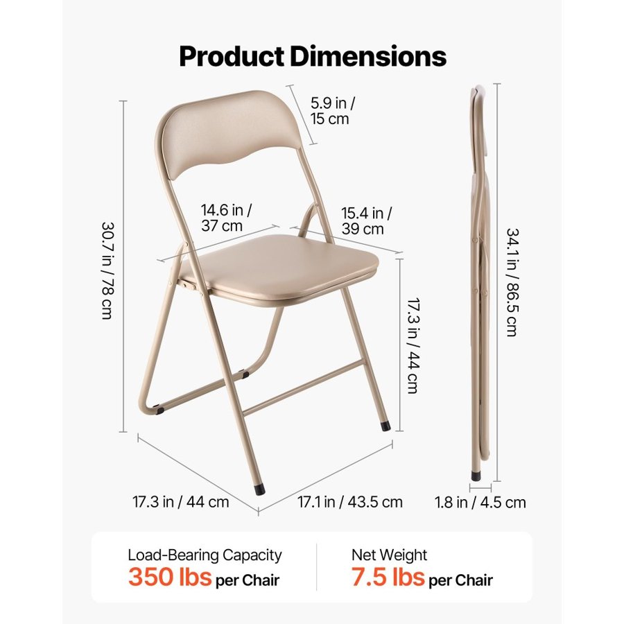 VEVOR 4 Pack Folding Chairs, Foldable Leather Chairs with Heavy Duty Metal Frame & Padded Cushion, Portable Folding Card Table Chairs, Stackable Seats for Home, Yard, Garden, Parties, Events, Khaki