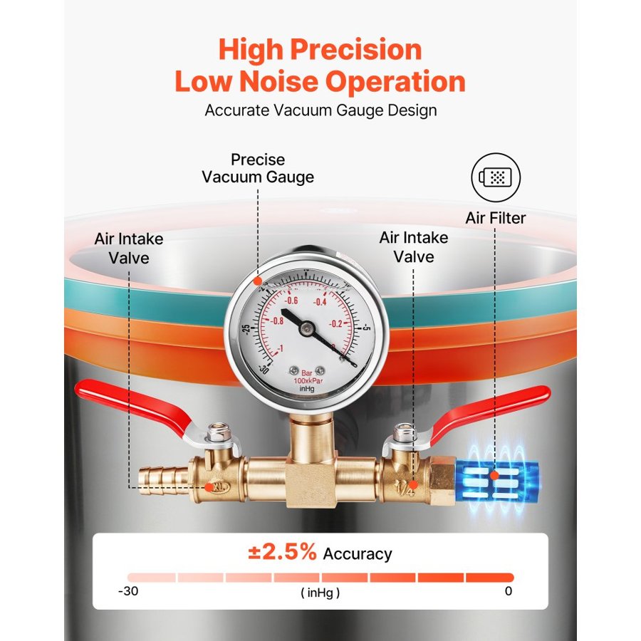 VEVOR 1.5 Gallon Vacuum Chamber, Stainless Steel, Vacuum Degassing Chamber with Tempered Glass Lid, Hose, Air Filter, for Resin Casting, Stabilizing Wood, Degassing Silicone, Epoxies, Essential Oils