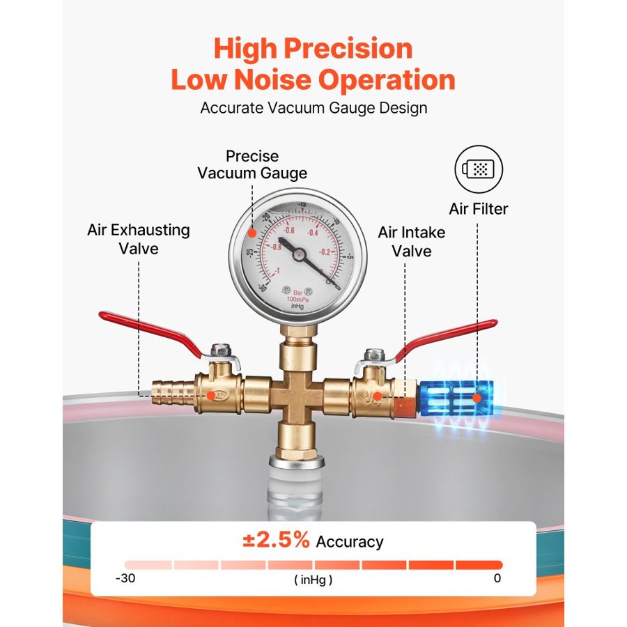 VEVOR 34.1 L Vacuum Chamber, Stainless Steel, Vacuum Degassing Chamber with Tempered Glass Lid, Hose, Air Filter, Ideal for Resin Casting, Stabilizing Wood, Degassing Silicone, Epoxies, Essential Oils