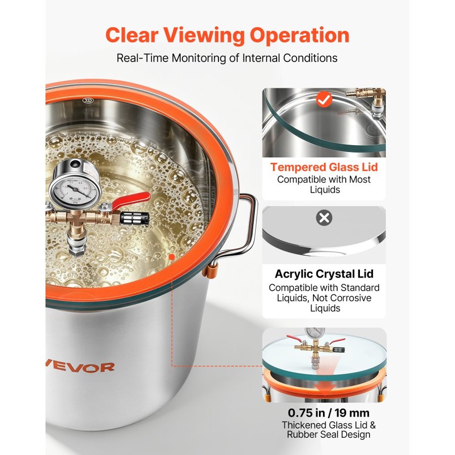 VEVOR 34.1 L Vacuum Chamber, Stainless Steel, Vacuum Degassing Chamber with Tempered Glass Lid, Hose, Air Filter, Ideal for Resin Casting, Stabilizing Wood, Degassing Silicone, Epoxies, Essential Oils