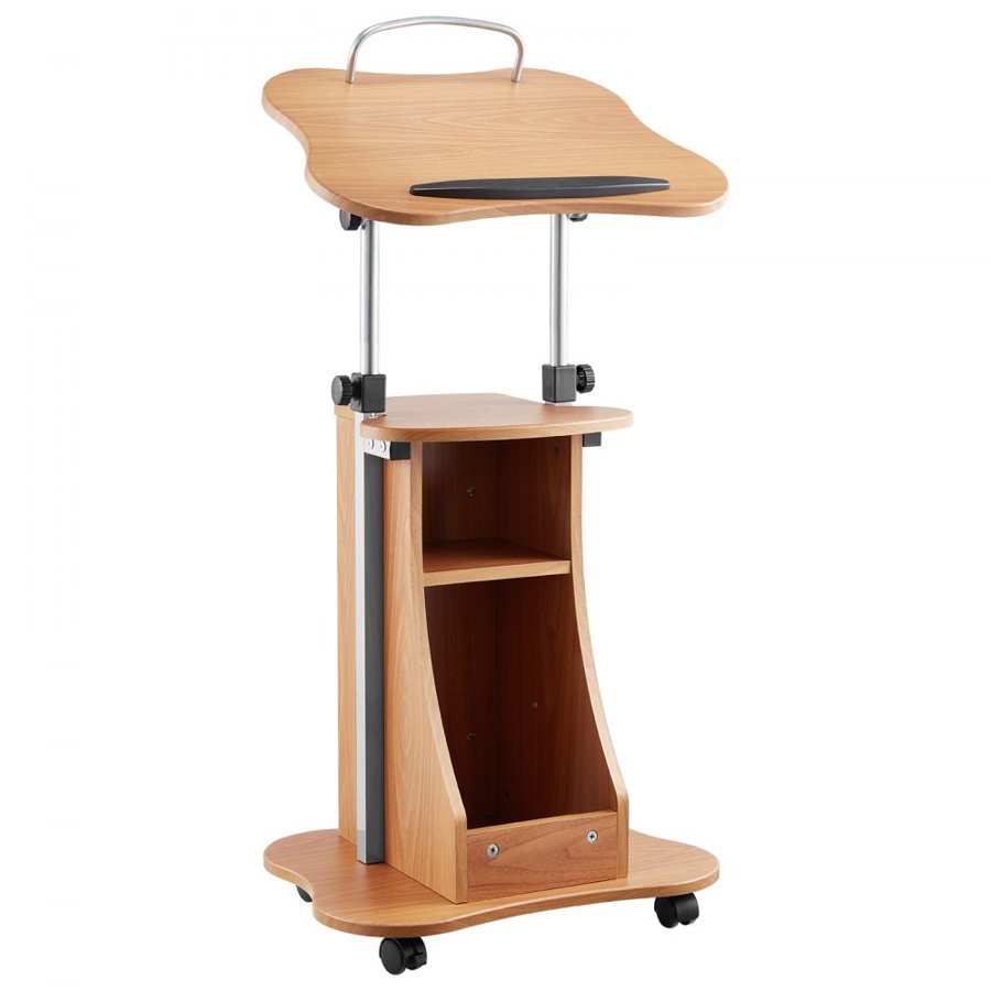 VEVOR Podium Stand, 1100 mm Wooden Lectern, Portable Laptop Desk with Lockable Wheels, Wide Reading Surface and Open Storage Area, Adjustable Height and Angle, for Speeches, Lectures, or Presentations