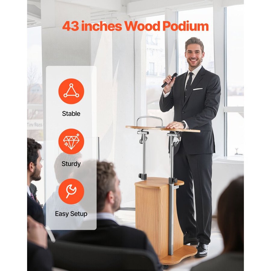 VEVOR Podium Stand, 1100 mm Wooden Lectern, Portable Laptop Desk with Lockable Wheels, Wide Reading Surface and Open Storage Area, Adjustable Height and Angle, for Speeches, Lectures, or Presentations