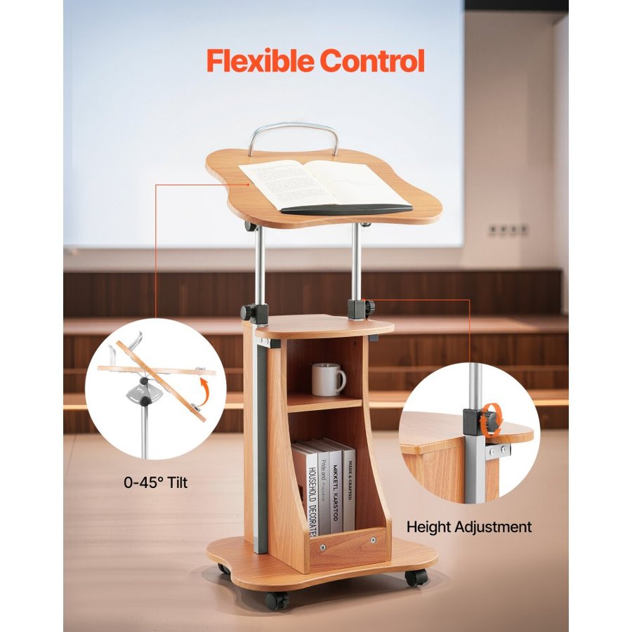 VEVOR Podium Stand, 1100 mm Wooden Lectern, Portable Laptop Desk with Lockable Wheels, Wide Reading Surface and Open Storage Area, Adjustable Height and Angle, for Speeches, Lectures, or Presentations