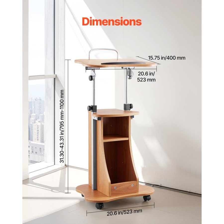 VEVOR Podium Stand, 1100 mm Wooden Lectern, Portable Laptop Desk with Lockable Wheels, Wide Reading Surface and Open Storage Area, Adjustable Height and Angle, for Speeches, Lectures, or Presentations