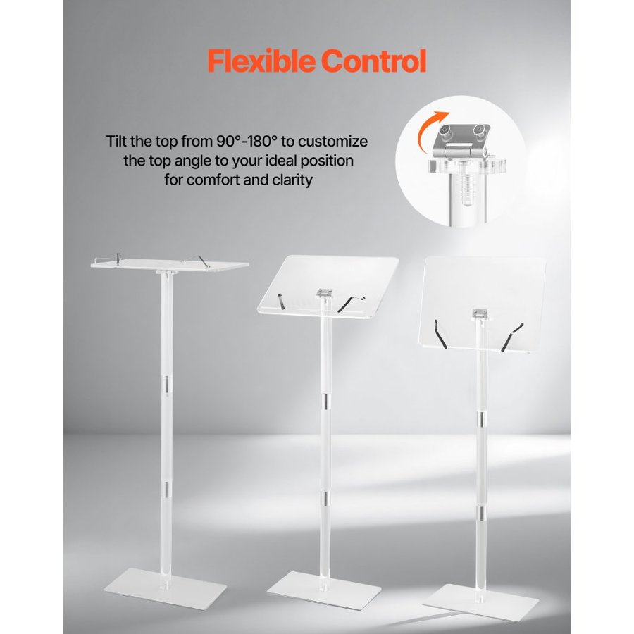 VEVOR Podium Stand, 1100 mm Acrylic Lectern, Portable Laptop Desk with Wide Reading Surface, Book Clips, Adjustable Angle, Floor-Standing, for Classroom, Wedding, Conference, Lecture and Concert