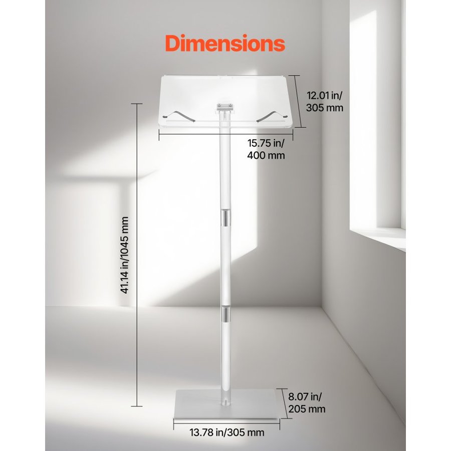 VEVOR Podium Stand, 1100 mm Acrylic Lectern, Portable Laptop Desk with Wide Reading Surface, Book Clips, Adjustable Angle, Floor-Standing, for Classroom, Wedding, Conference, Lecture and Concert
