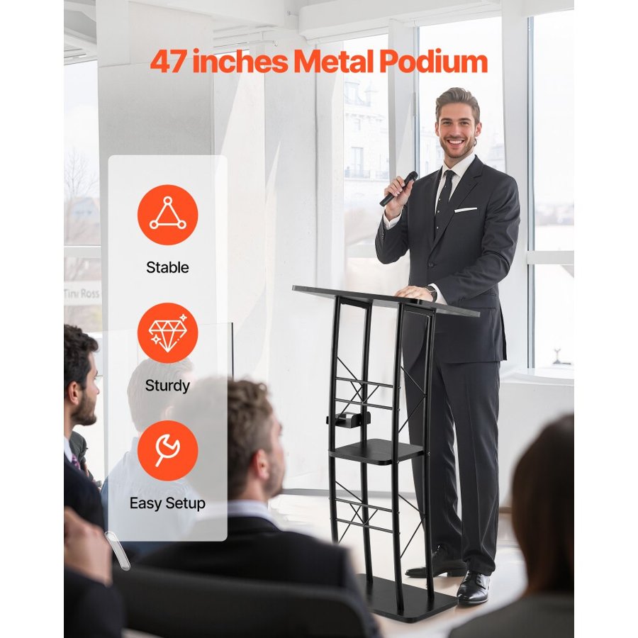 VEVOR Podium Stand, 1180 mm Metal Lectern, Curved Standing Podium  with Wide Reading Surface, Open Storage Compartment, Book Stopper, Cup Holder, for Classroom, Wedding, Conference, Speech, Concert
