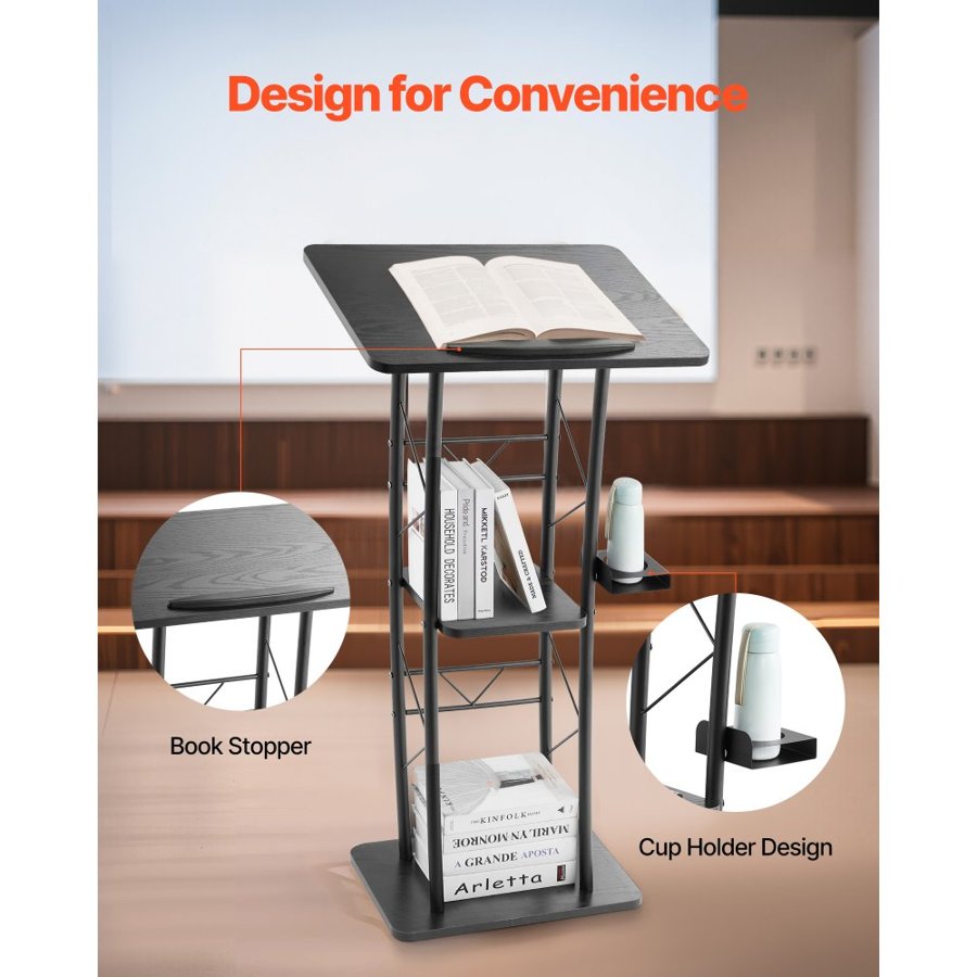 VEVOR Podium Stand, 1180 mm Metal Lectern, Curved Standing Podium  with Wide Reading Surface, Open Storage Compartment, Book Stopper, Cup Holder, for Classroom, Wedding, Conference, Speech, Concert