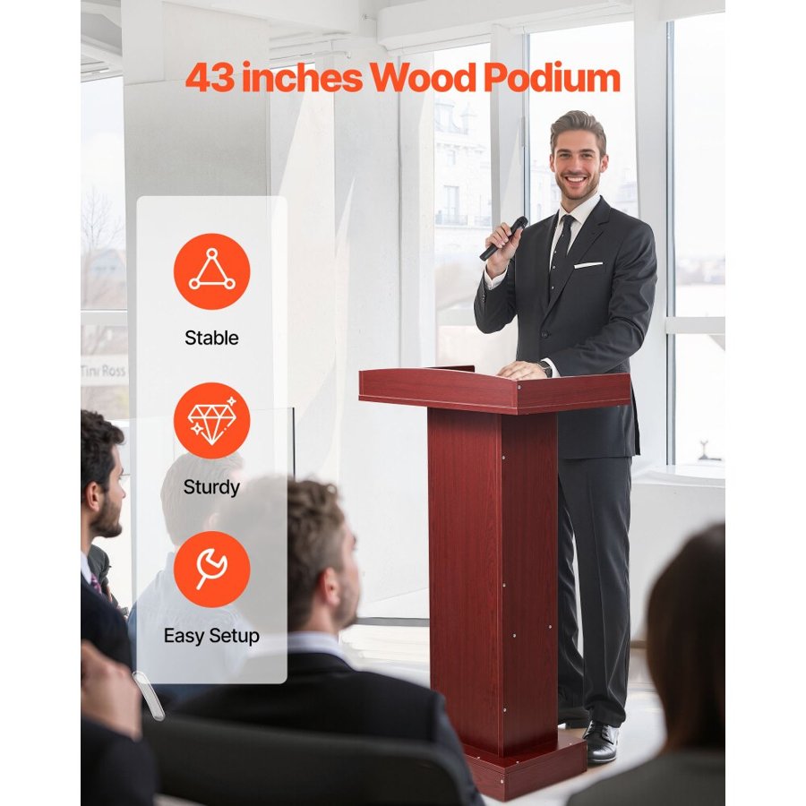 VEVOR Podium Stand, 1040 mm Wooden Lectern, Laptop Desk with Wide Reading Surface and Storage Shelf, Edge Stopper, Elegant Design, Flool-Standing, for Classroom, Conference, Church, and Presentation