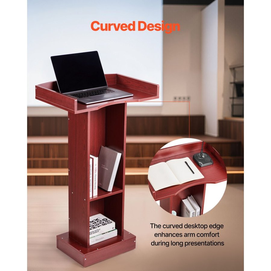 VEVOR Podium Stand, 1040 mm Wooden Lectern, Laptop Desk with Wide Reading Surface and Storage Shelf, Edge Stopper, Elegant Design, Flool-Standing, for Classroom, Conference, Church, and Presentation