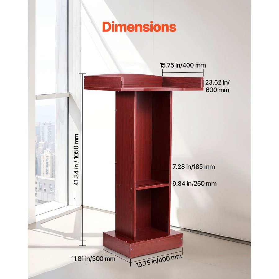 VEVOR Podium Stand, 1040 mm Wooden Lectern, Laptop Desk with Wide Reading Surface and Storage Shelf, Edge Stopper, Elegant Design, Flool-Standing, for Classroom, Conference, Church, and Presentation