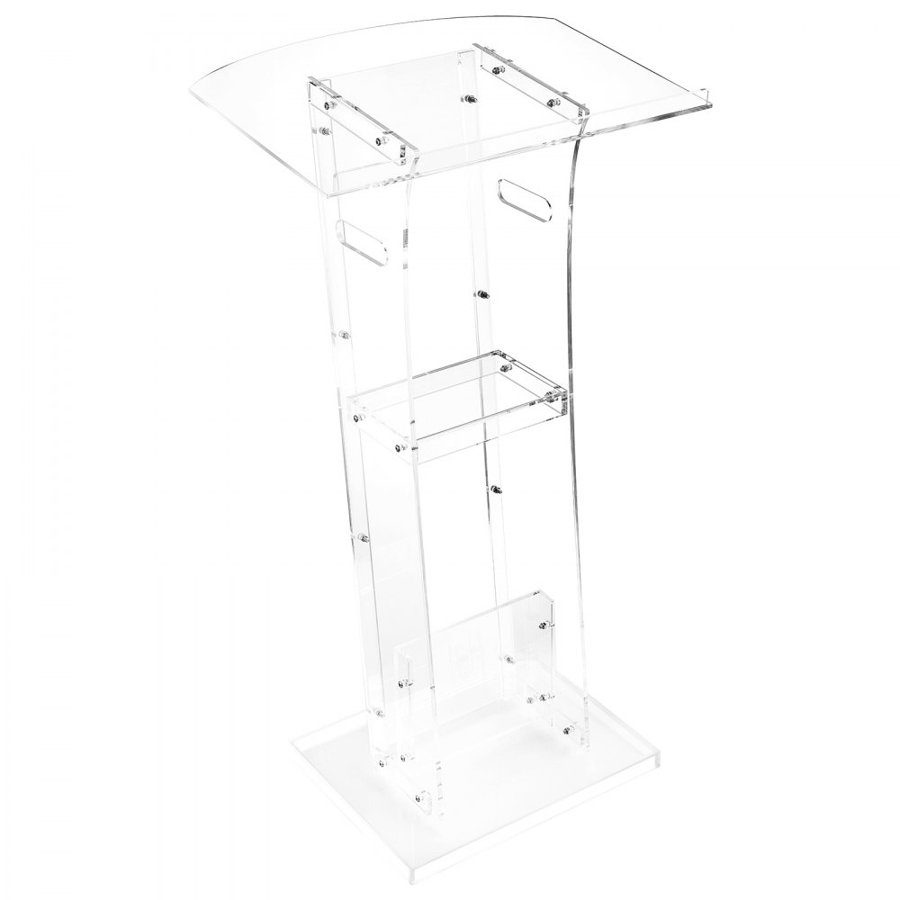 VEVOR Podium Stand, 1100 mm Acrylic Lectern, Portable Laptop Desk with Wide Reading Surface and Storage Shelf, Book Stopper, Floor-Standing, for Classroom, Wedding, Conference, Lecture and Concert