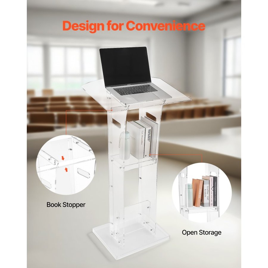 VEVOR Podium Stand, 1100 mm Acrylic Lectern, Portable Laptop Desk with Wide Reading Surface and Storage Shelf, Book Stopper, Floor-Standing, for Classroom, Wedding, Conference, Lecture and Concert