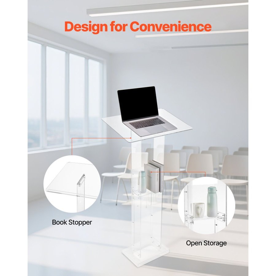 VEVOR Podium Stand, 1265 mm Acrylic Lectern, Portable Laptop Desk with Wide Reading Surface and Storage Shelf, Book Stopper, Floor-Standing, for Classroom, Wedding, Conference, Lecture and Concert
