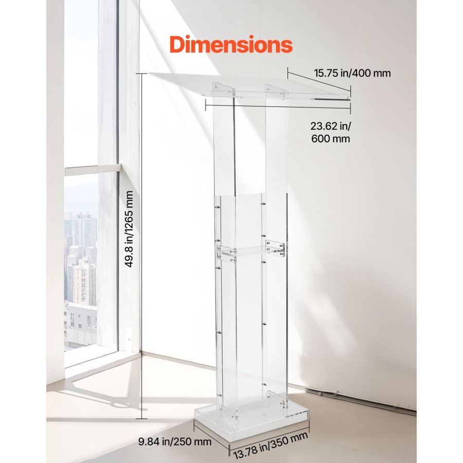 VEVOR Podium Stand, 1265 mm Acrylic Lectern, Portable Laptop Desk with Wide Reading Surface and Storage Shelf, Book Stopper, Floor-Standing, for Classroom, Wedding, Conference, Lecture and Concert