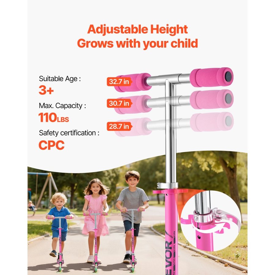 VEVOR Kids 2 Wheel Scooter – Ages 3+, 4.9LBS, Pink, 5" PVC
