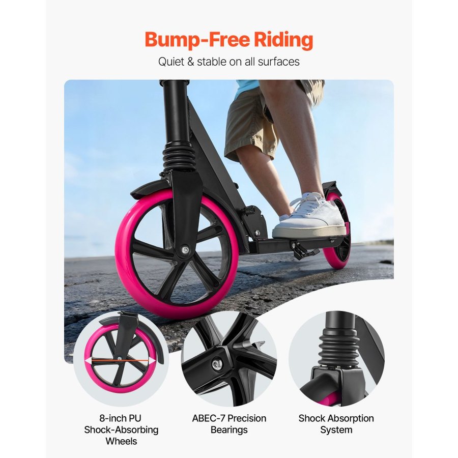 VEVOR Pink Toddler Scooter – Ages 8+ Teens/Adults, 220 lbs