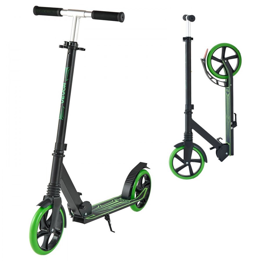 VEVOR Kick Scooter for Kids Ages 8+, Teens & Adults, 2-Wheel Toddler Scooter with Adjustable Height Handlebar, Wide Anti-Slip Deck, Foldable Lightweight for Boys & Girls up to 99.8 kg, Black + Green