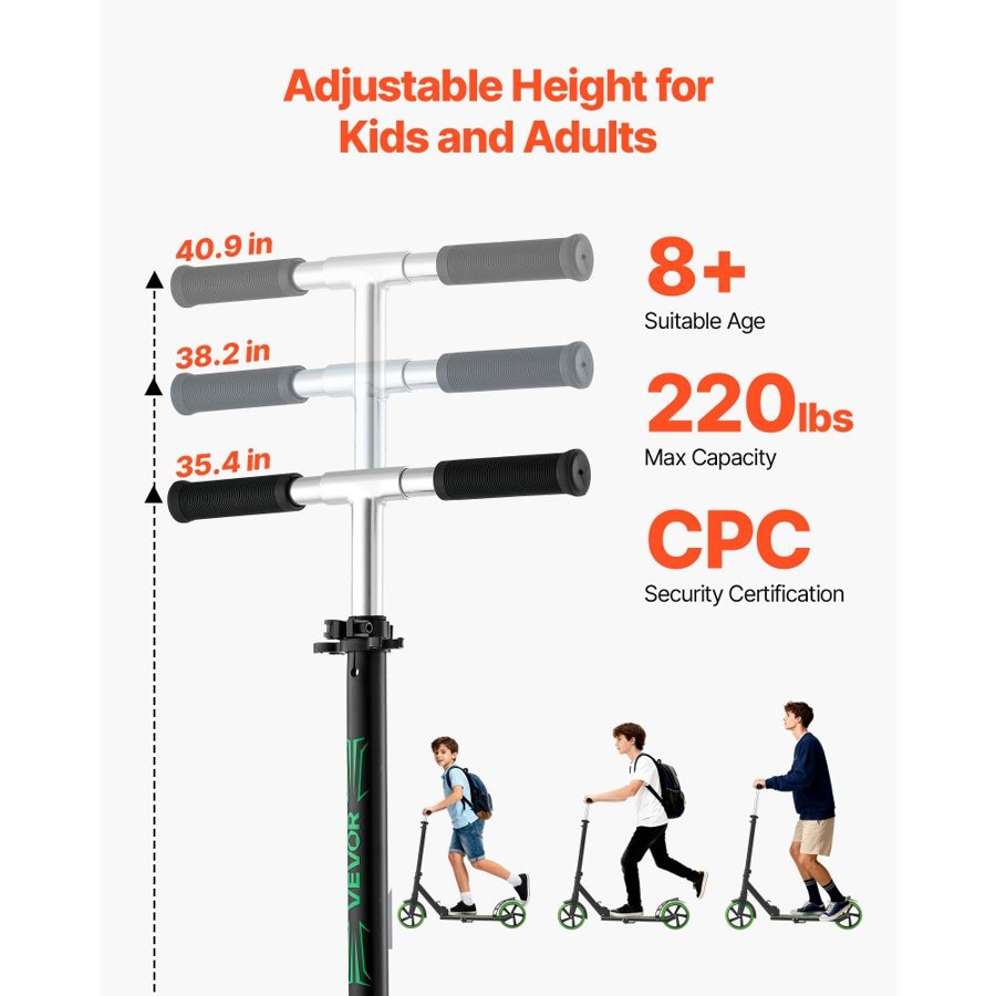 VEVOR Kick Scooter for Kids Ages 8+, Teens & Adults, 2-Wheel Toddler Scooter with Adjustable Height Handlebar, Wide Anti-Slip Deck, Foldable Lightweight for Boys & Girls up to 99.8 kg, Black + Green