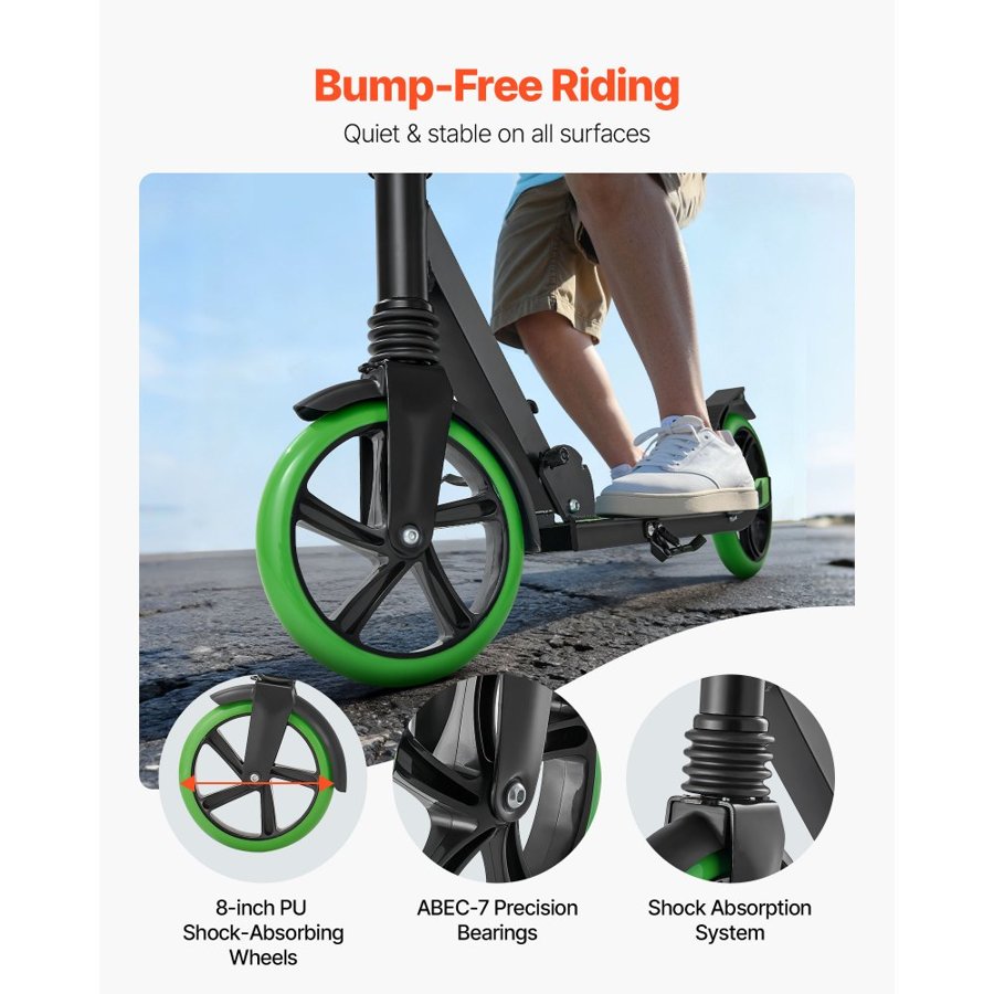 VEVOR Kick Scooter for Kids Ages 8+, Teens & Adults, 2-Wheel Toddler Scooter with Adjustable Height Handlebar, Wide Anti-Slip Deck, Foldable Lightweight for Boys & Girls up to 99.8 kg, Black + Green