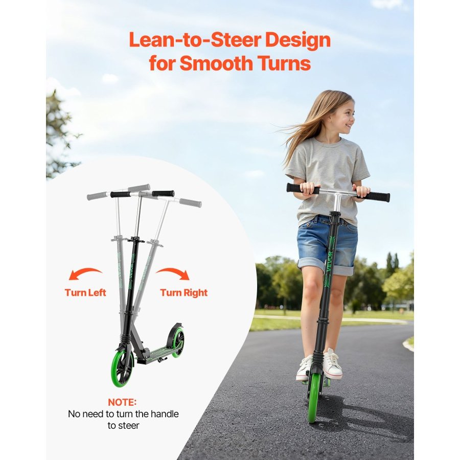 VEVOR Kick Scooter for Kids Ages 8+, Teens & Adults, 2-Wheel Toddler Scooter with Adjustable Height Handlebar, Wide Anti-Slip Deck, Foldable Lightweight for Boys & Girls up to 99.8 kg, Black + Green