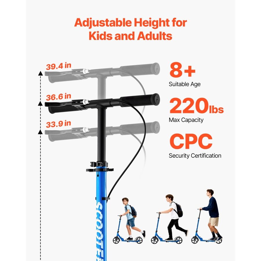 VEVOR Kick Scooter for Kids Ages 8+, Teens & Adults, 2-Wheel Toddler Scooter with Height Adjustable Handlebar, Wide Anti-Slip Deck, Foldable Lightweight for Boys & Girls up to 99.8 kg, Black + Blue