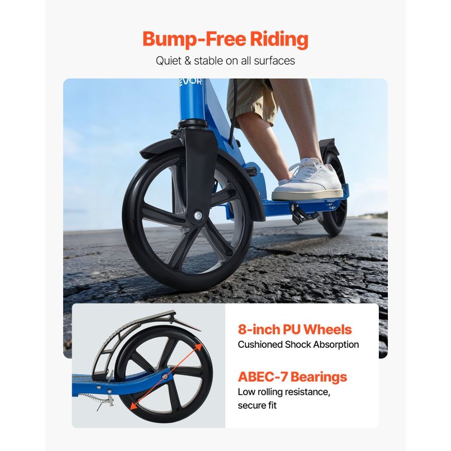 VEVOR Kick Scooter for Kids Ages 8+, Teens & Adults, 2-Wheel Toddler Scooter with Height Adjustable Handlebar, Wide Anti-Slip Deck, Foldable Lightweight for Boys & Girls up to 99.8 kg, Black + Blue