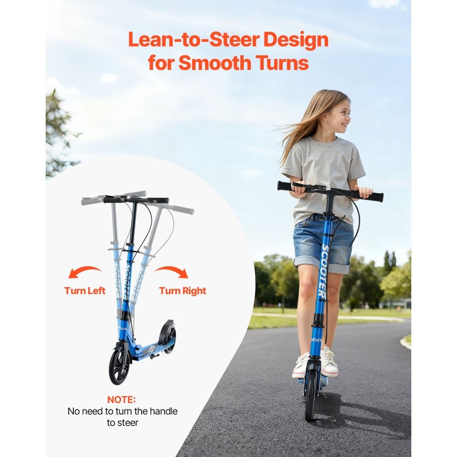 VEVOR Kick Scooter for Kids Ages 8+, Teens & Adults, 2-Wheel Toddler Scooter with Height Adjustable Handlebar, Wide Anti-Slip Deck, Foldable Lightweight for Boys & Girls up to 99.8 kg, Black + Blue