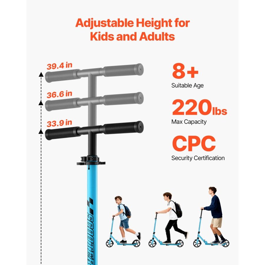 VEVOR Kick Scooter for Kids Ages 8+, Teens & Adults, 2-Wheel Toddler Scooter with Adjustable Height Handlebar, Wide Anti-Slip Deck, Foldable Lightweight for Boys & Girls up to 99.8 kg, Blue + Black