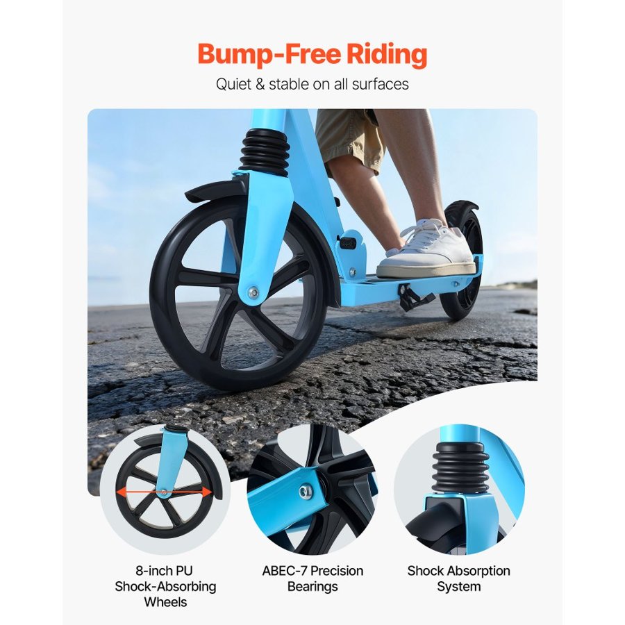 VEVOR Kick Scooter for Kids Ages 8+, Teens & Adults, 2-Wheel Toddler Scooter with Adjustable Height Handlebar, Wide Anti-Slip Deck, Foldable Lightweight for Boys & Girls up to 99.8 kg, Blue + Black