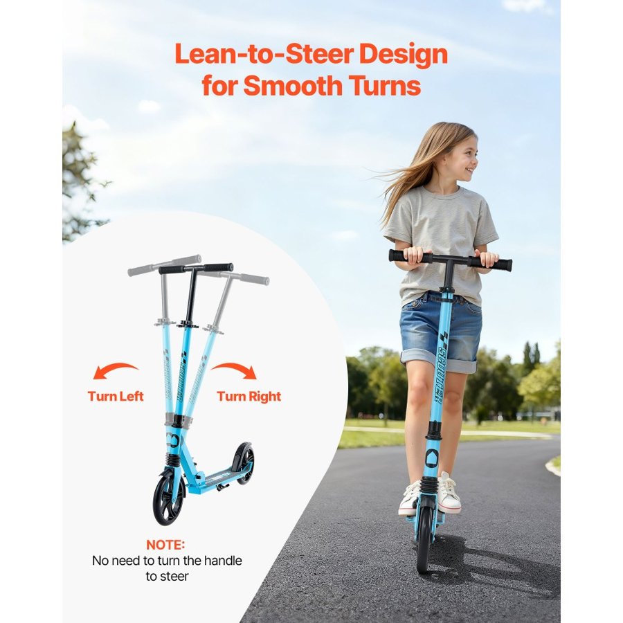 VEVOR Kick Scooter for Kids Ages 8+, Teens & Adults, 2-Wheel Toddler Scooter with Adjustable Height Handlebar, Wide Anti-Slip Deck, Foldable Lightweight for Boys & Girls up to 99.8 kg, Blue + Black
