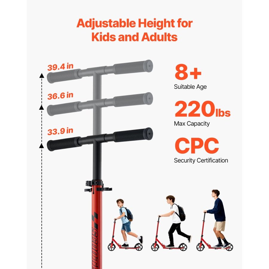 VEVOR Kick Scooter for Kids Ages 8+, Teens & Adults, 2-Wheel Toddler Scooter with Adjustable Height Handlebar, Wide Anti-Slip Deck, Foldable Lightweight for Boys & Girls up to 99.8 kg, Red + Black