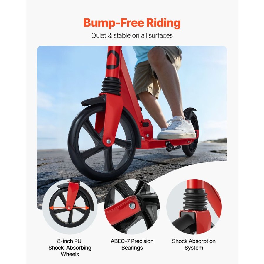 VEVOR Kick Scooter for Kids Ages 8+, Teens & Adults, 2-Wheel Toddler Scooter with Adjustable Height Handlebar, Wide Anti-Slip Deck, Foldable Lightweight for Boys & Girls up to 99.8 kg, Red + Black