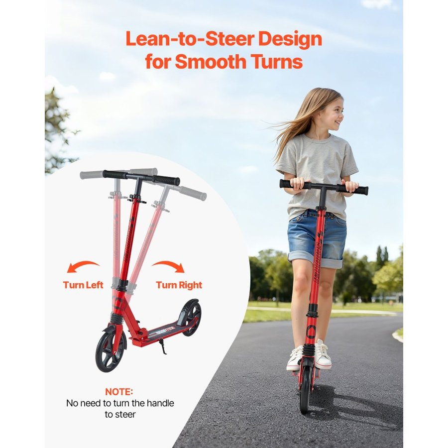 VEVOR Kick Scooter for Kids Ages 8+, Teens & Adults, 2-Wheel Toddler Scooter with Adjustable Height Handlebar, Wide Anti-Slip Deck, Foldable Lightweight for Boys & Girls up to 99.8 kg, Red + Black