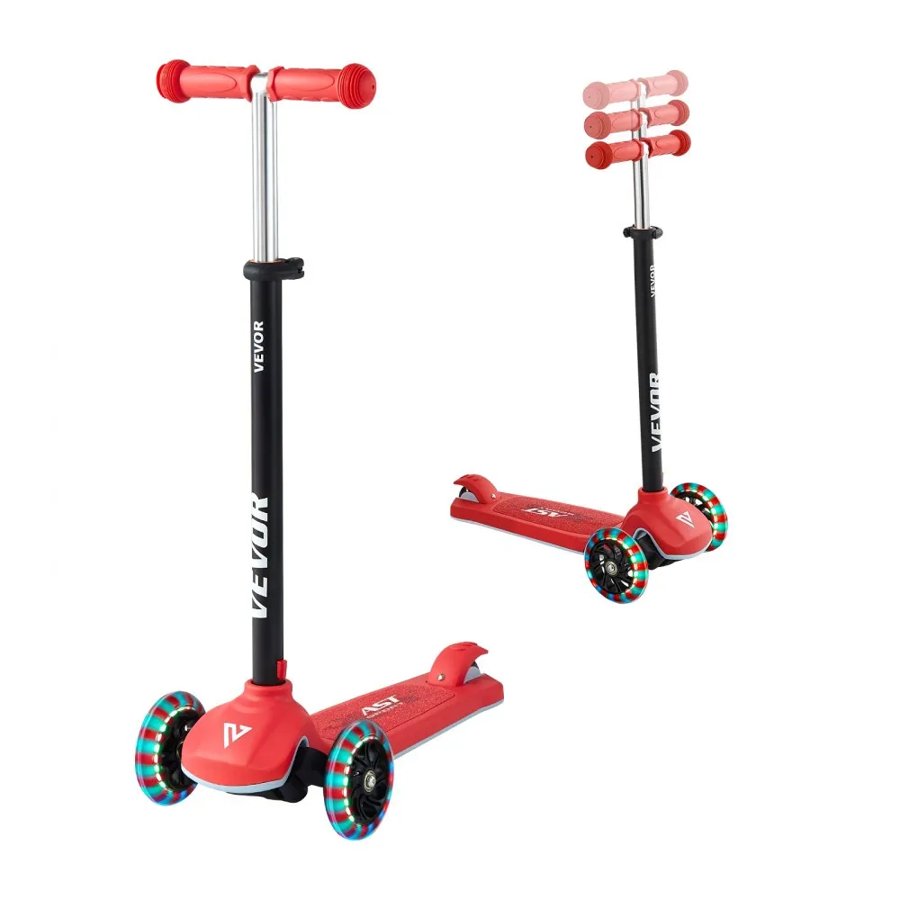 VEVOR Kick Scooter for Kids Ages 3+, 3-Wheel Toddler Scooter with Light-Up Wheels, Adjustable Height Handlebar, Wide Anti-Slip Deck, Lightweight Aluminum Frame for Boys and Girls up to 74.8 kg, Red
