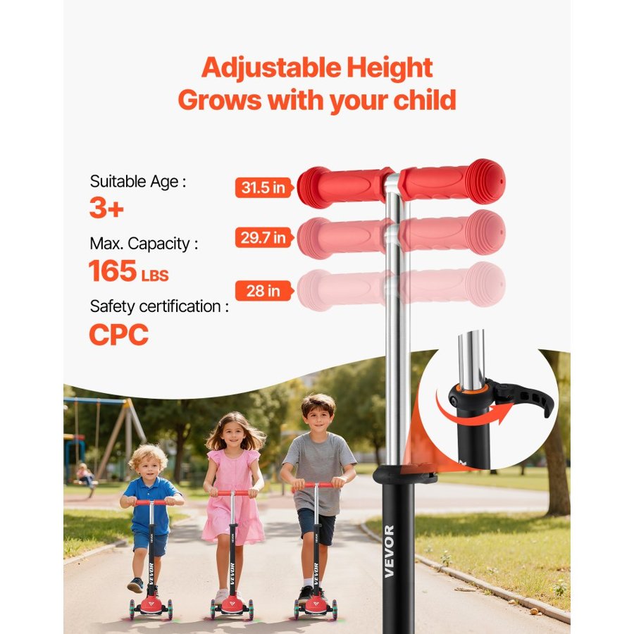 VEVOR Kick Scooter for Kids Ages 3+, 3-Wheel Toddler Scooter with Light-Up Wheels, Adjustable Height Handlebar, Wide Anti-Slip Deck, Lightweight Aluminum Frame for Boys and Girls up to 74.8 kg, Red