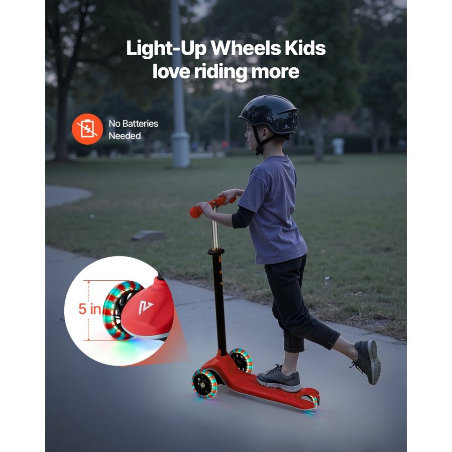 VEVOR Kick Scooter for Kids Ages 3+, 3-Wheel Toddler Scooter with Light-Up Wheels, Adjustable Height Handlebar, Wide Anti-Slip Deck, Lightweight Aluminum Frame for Boys and Girls up to 74.8 kg, Red